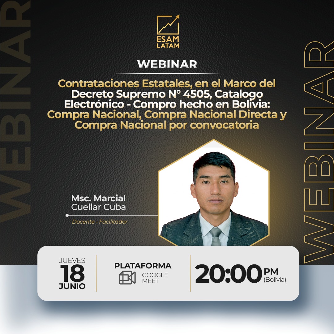 Imagen del evento CONTRATACIONES ESTATALES EN EL MARCO DEL DECRETO SUPREMO N.º 4505: CATÁLOGO ELECTRÓNICO – COMPRO HECHO EN BOLIVIA, COMPRA NACIONAL, COMPRA NACIONAL DIRECTA Y COMPRA NACIONAL POR CONVOCATORIA
