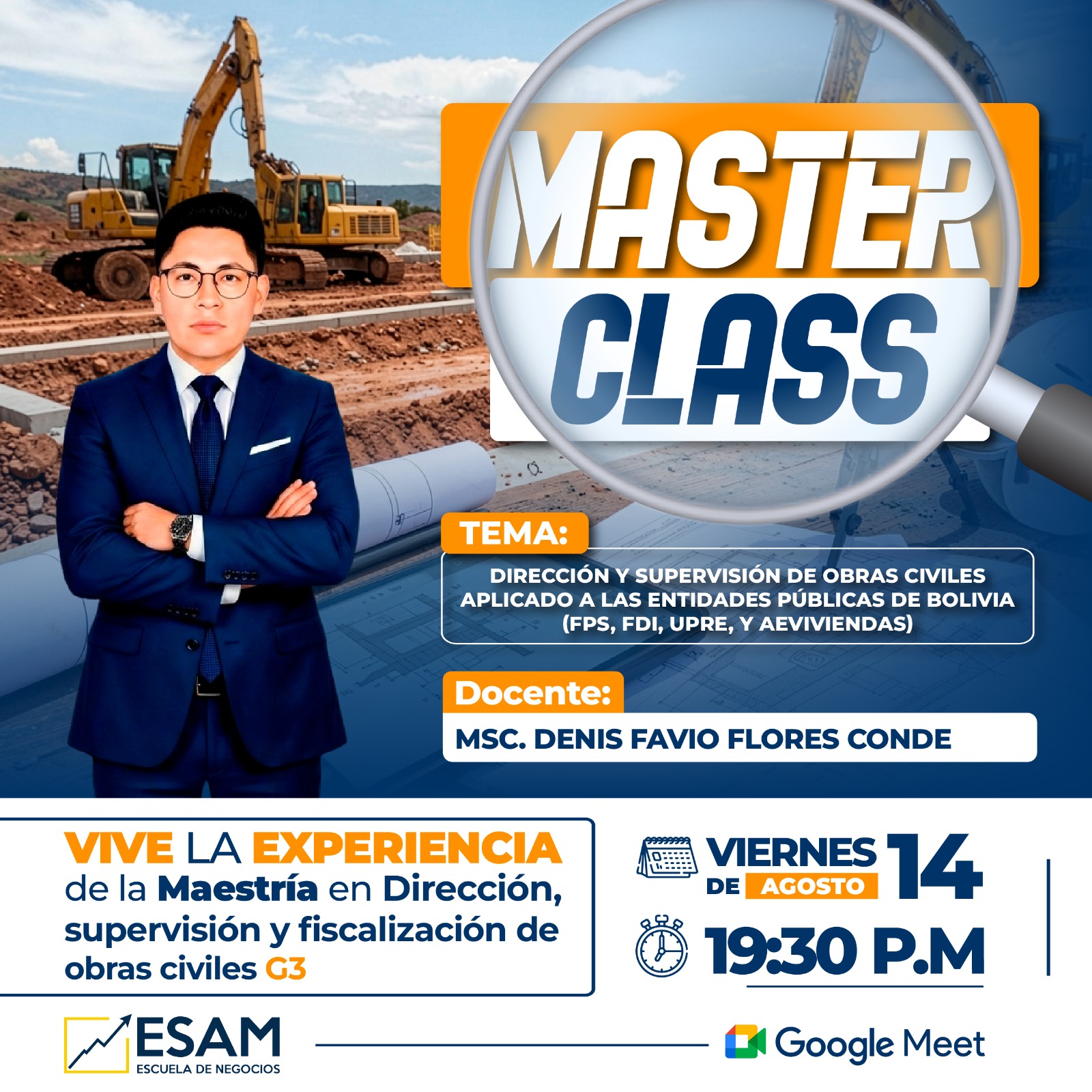 Portada del evento Dirección y Supervisión de obras civiles aplicado a las entidades públicas de Bolivia (FPS, FDI, UPRE, Y AEVIVIENDAS)